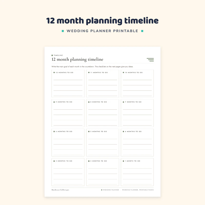 12 month planning timeline page with a box for each month before the wedding to write your tasks