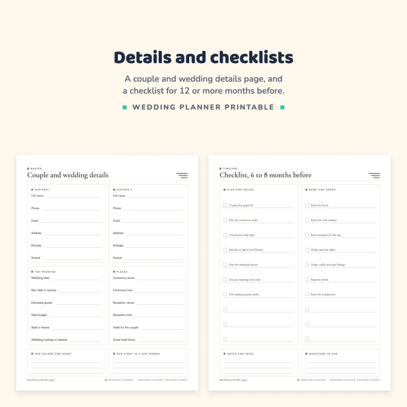 Couple and wedding details page next to a checklist page for 12 or more months before with plan and prepare boxes