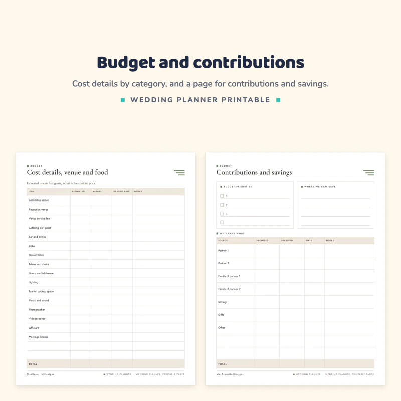Cost details page for venue and food with estimated and actual columns, next to a contributions and savings page