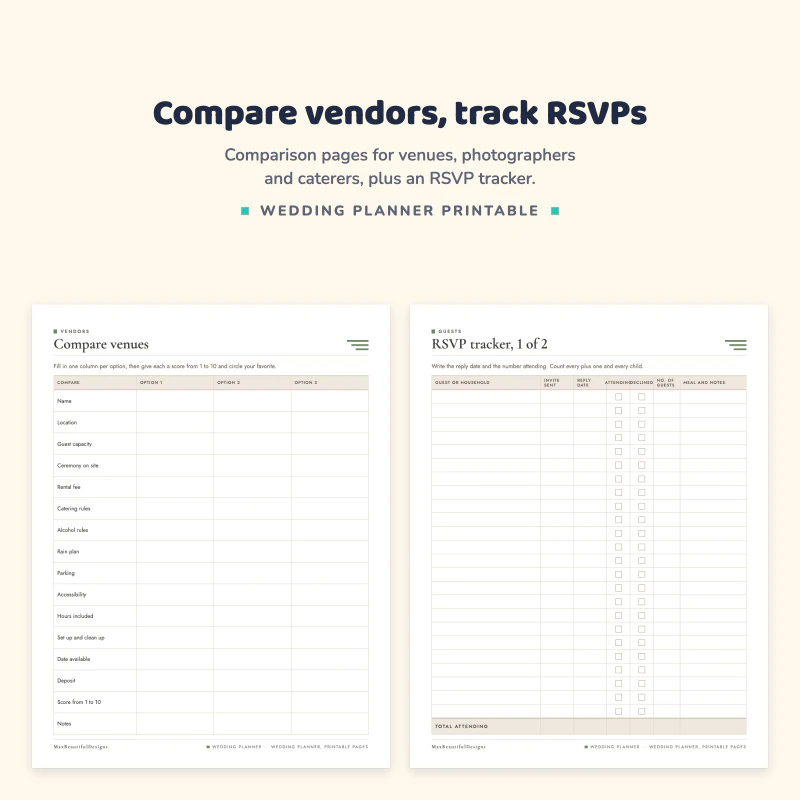 Compare venues page with three columns, next to an RSVP tracker with rows for guests