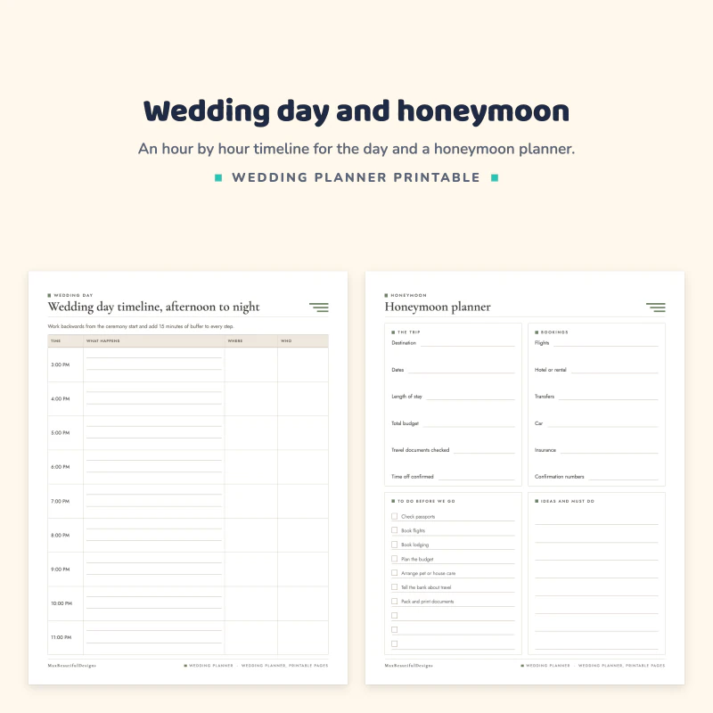 Wedding day timeline for afternoon to night, next to a honeymoon planner page