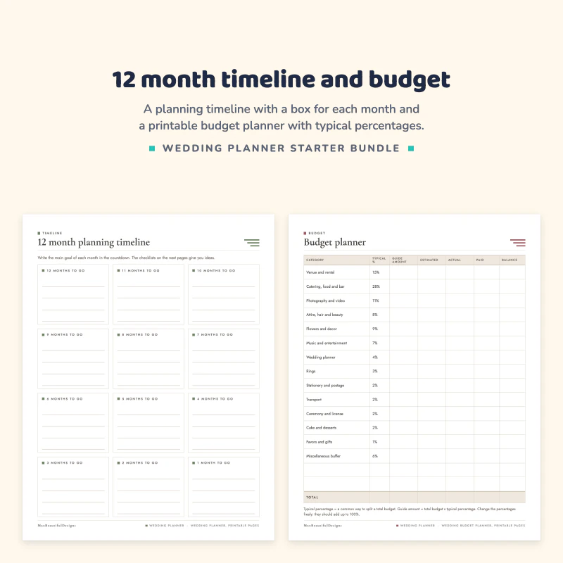 12 month planning timeline page with month boxes, next to a printable budget planner page with categories and typical percentages