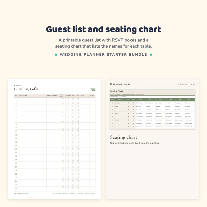 Printable guest list page with numbered rows and RSVP columns, next to the seating chart sheet with names per table