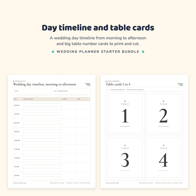 Wedding day timeline page with times from the morning, next to a page with four table number cards 1 to 4