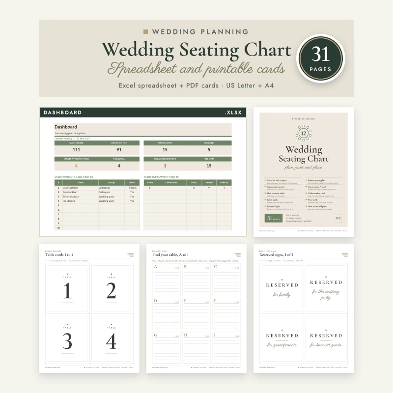 Wedding seating chart: the dashboard of the seating spreadsheet on a framed screen next to the cover, table number cards, the guest finder and reserved signs