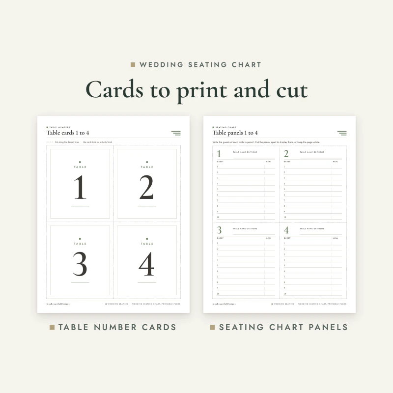 Table number cards 1 to 4 and table panels with space to write the guest names