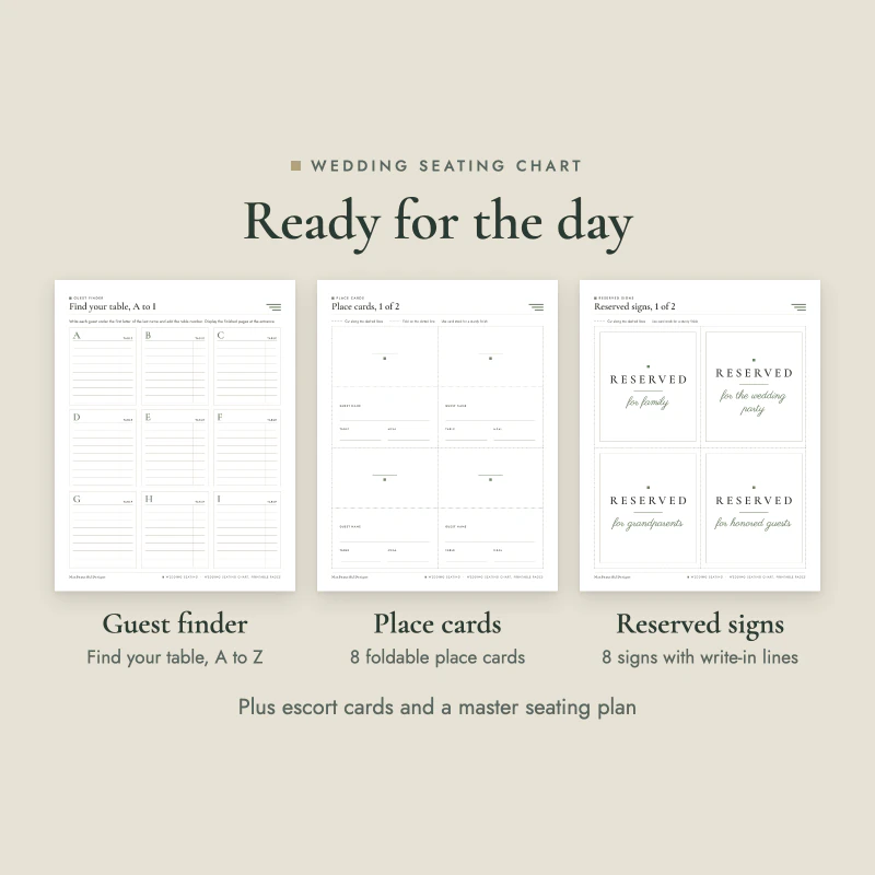 Guest finder from A to I, place cards and reserved signs ready to print