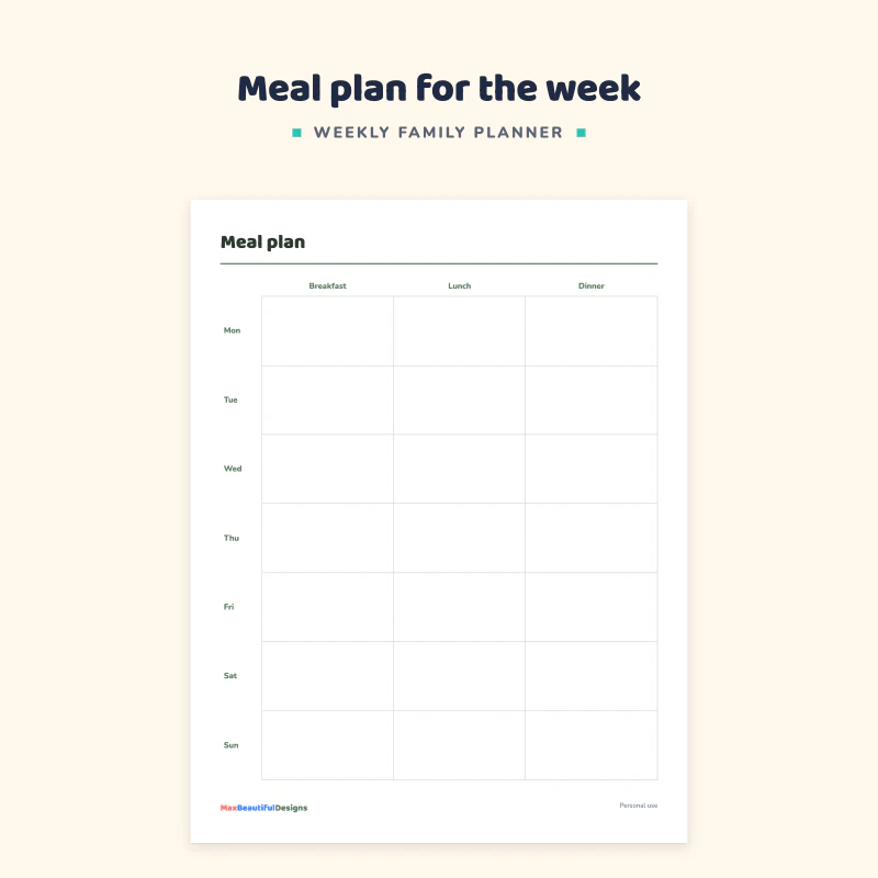 Close view of the meal plan: a grid with Monday to Sunday down the side and breakfast, lunch and dinner across the top