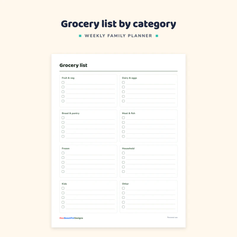 Close view of the grocery list with boxes for fruit and veg, dairy and eggs, bread and pantry, meat and fish, frozen, household, kids and other