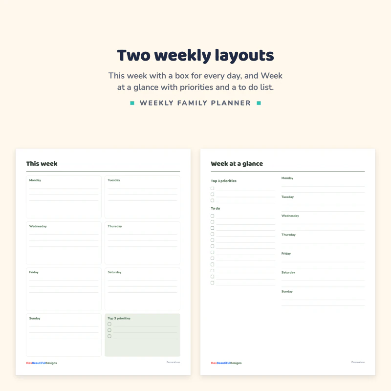 This week page with a box for each day and top 3 priorities next to the Week at a glance page with a to do list