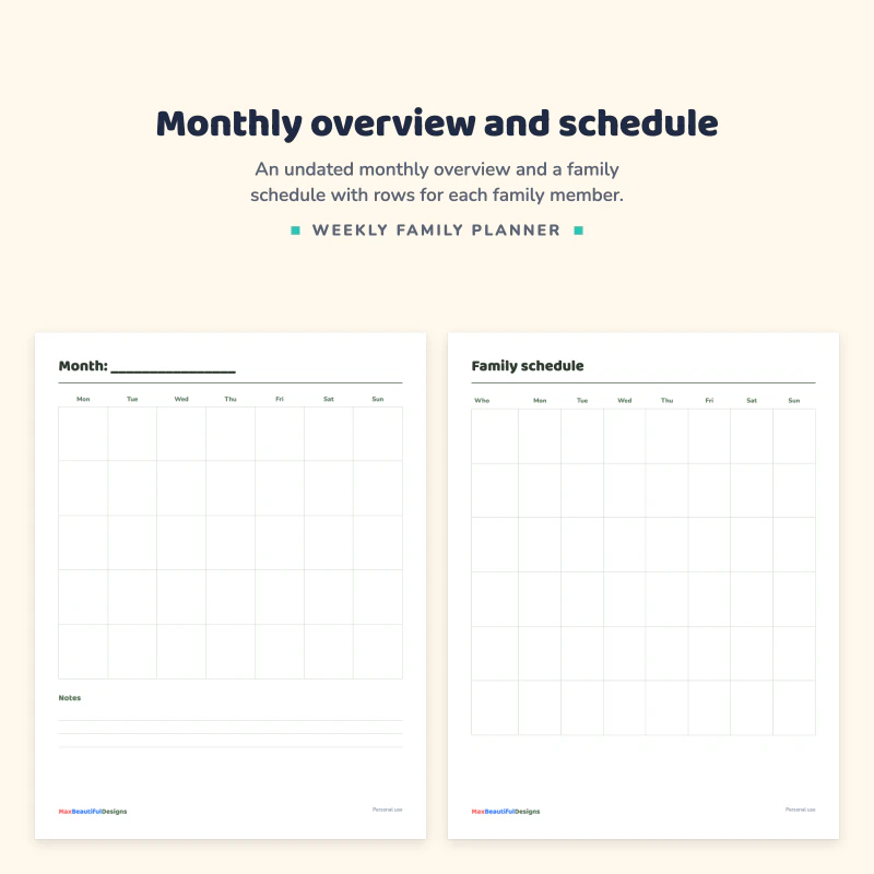 Undated month grid with a notes area next to the family schedule grid with a row per person