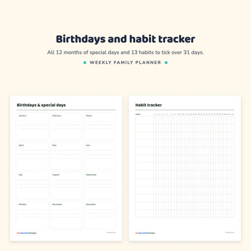 Birthdays and special days page with 12 month boxes next to the habit tracker grid with 31 day columns