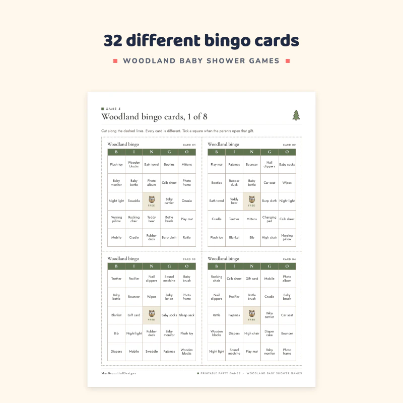 Top of the woodland bingo page: bingo cards with a green B I N G O header and baby words such as wipes, rocking chair, crib sheet and baby socks, with a bear on the free square