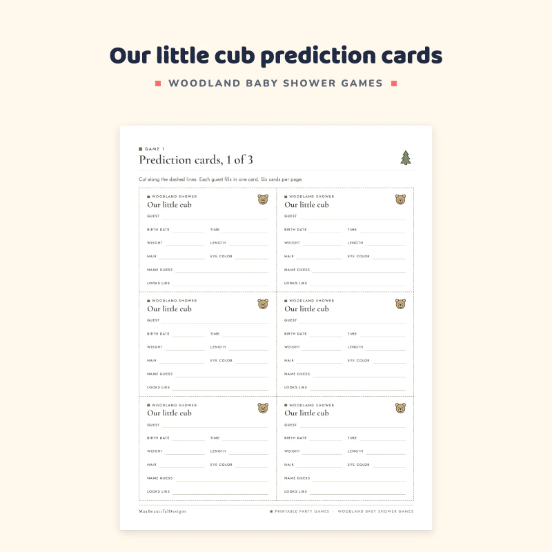 Prediction cards: Our little cub cards with lines for guest, birth date, time, weight, length, hair color and name guess