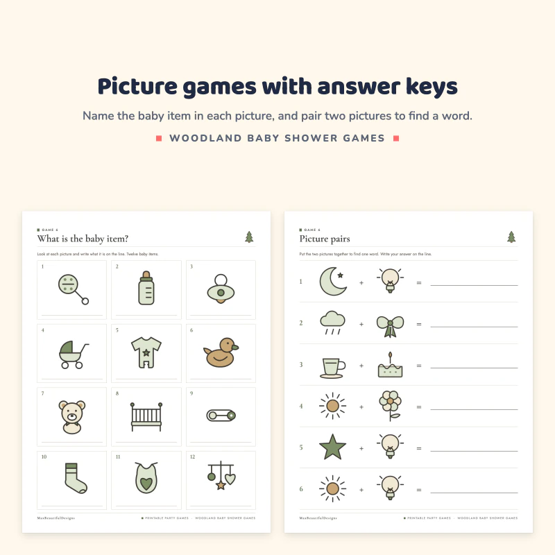 What is the baby item page with twelve small baby item pictures, next to a picture pairs page with two pictures per line and an answer line