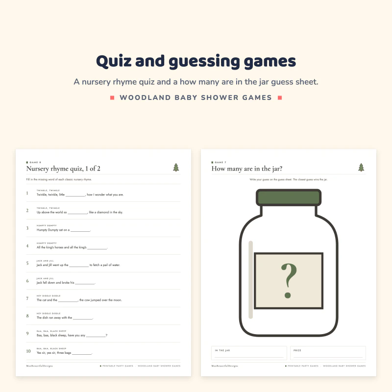 Nursery rhyme quiz page with fill in the blank lines, next to a how many are in the jar page with a jar picture