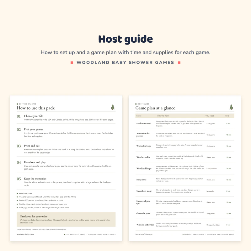 How to use this pack page with five steps, next to a game plan at a glance table with each game, supplies and time