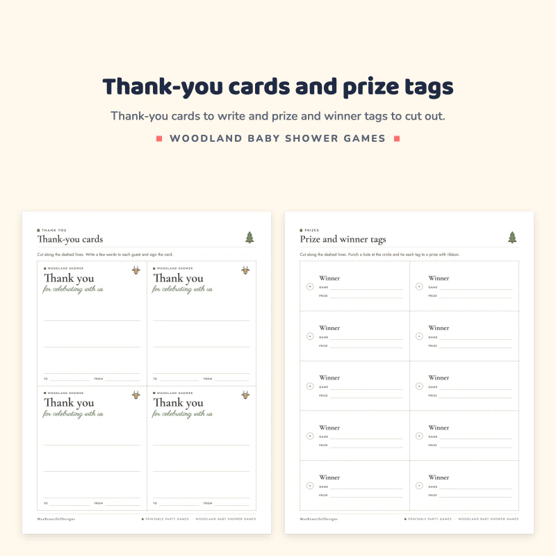 Thank-you cards page with four cards, next to a prize and winner tags page