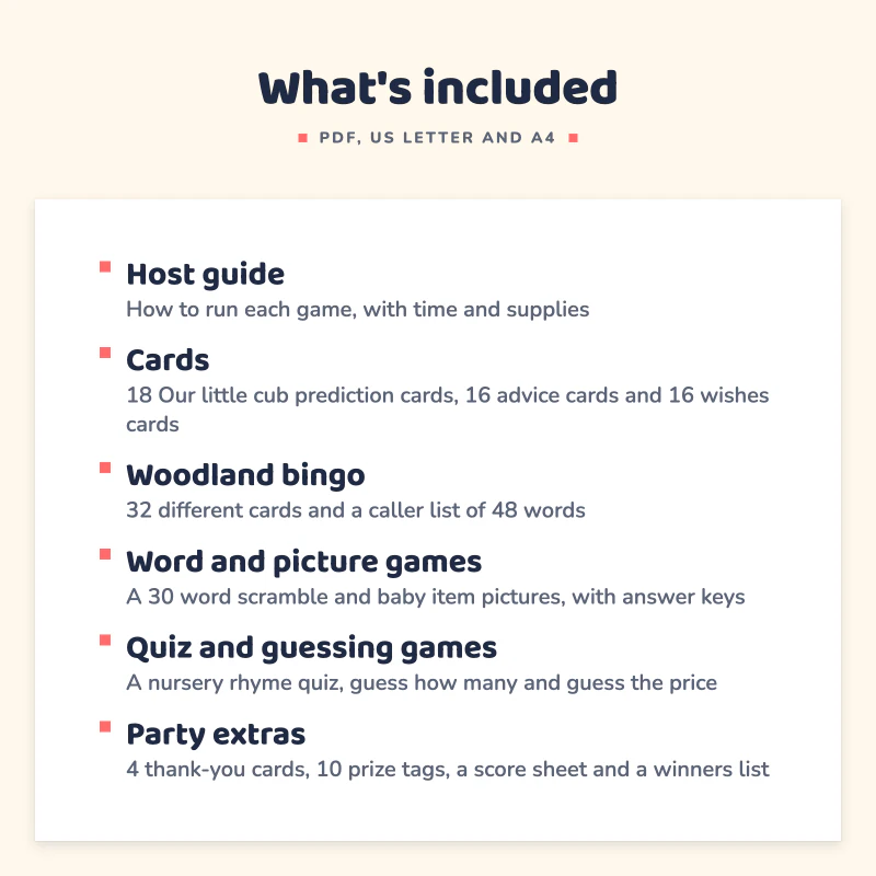 List of what is included in Woodland Baby Shower Games: Host guide, Cards, Woodland bingo, Word and picture games, Quiz and guessing games, Party extras.
