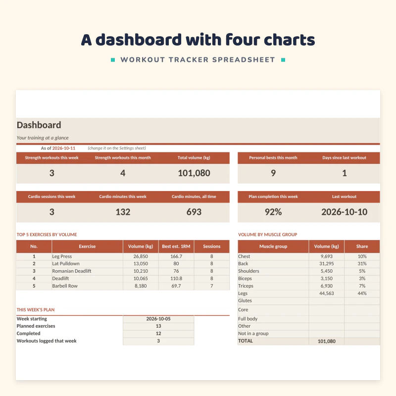 Dashboard sheet up close: workouts this week and month, total volume and personal bests with charts for weekly volume, volume by muscle group and strength and cardio per week