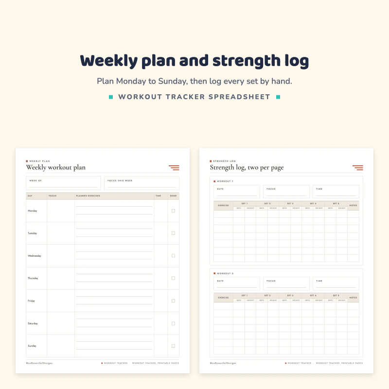 Weekly workout plan page with a row for each day next to a strength log page with two workouts and set, rep and weight columns