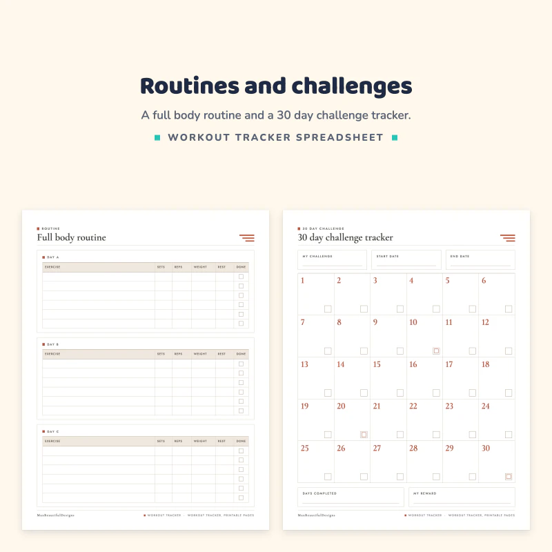 Full body routine page with exercises, sets, reps and weight next to a 30 day challenge tracker with a checkbox for each day