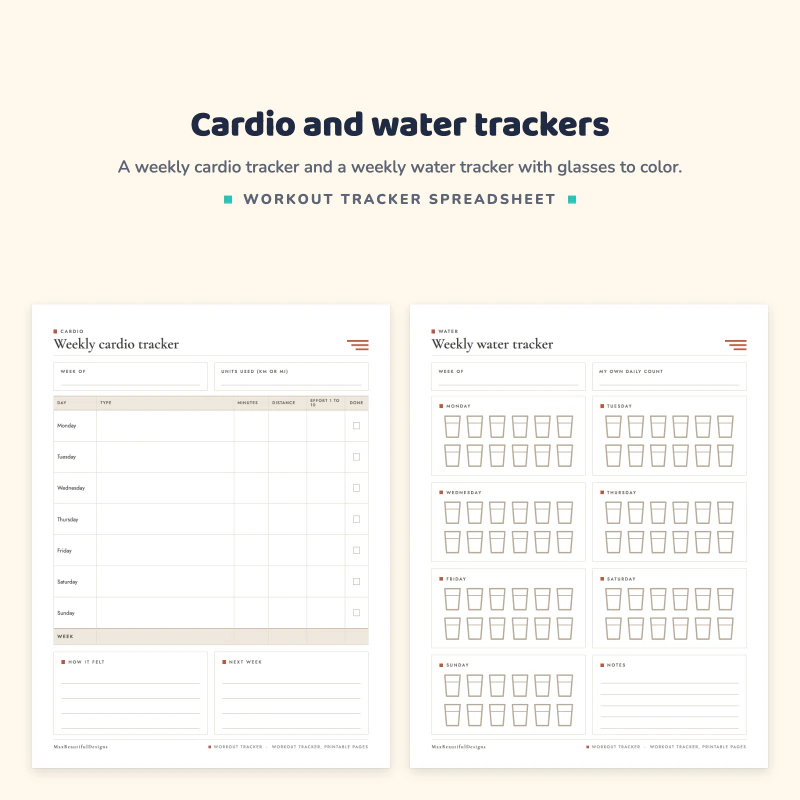 Weekly cardio tracker page with days, type, minutes and distance next to a weekly water tracker with rows of glasses