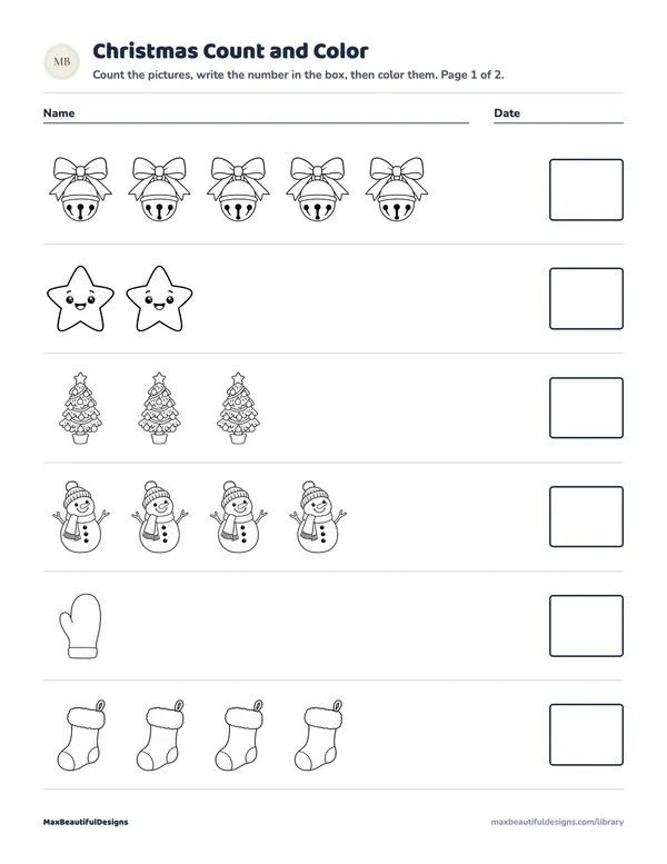 Christmas Count and Color Printable, page 1 preview