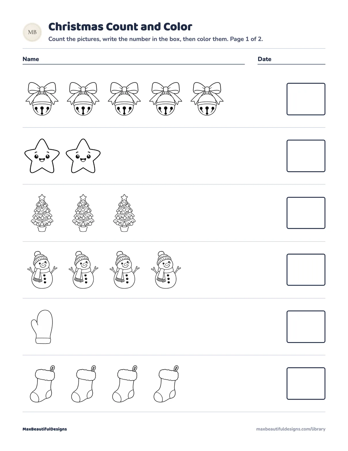 Preview of page 1 of Christmas Count and Color Printable