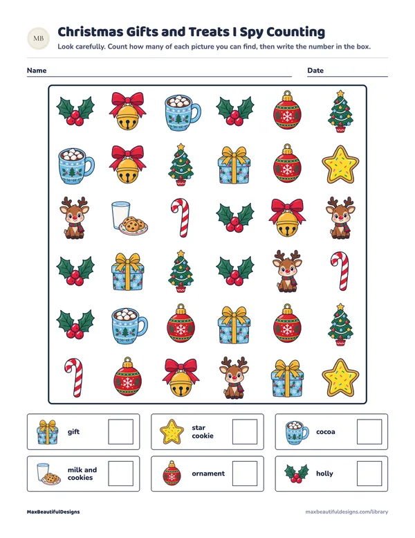 Christmas Gifts and Treats I Spy Counting Printable, page 1 preview