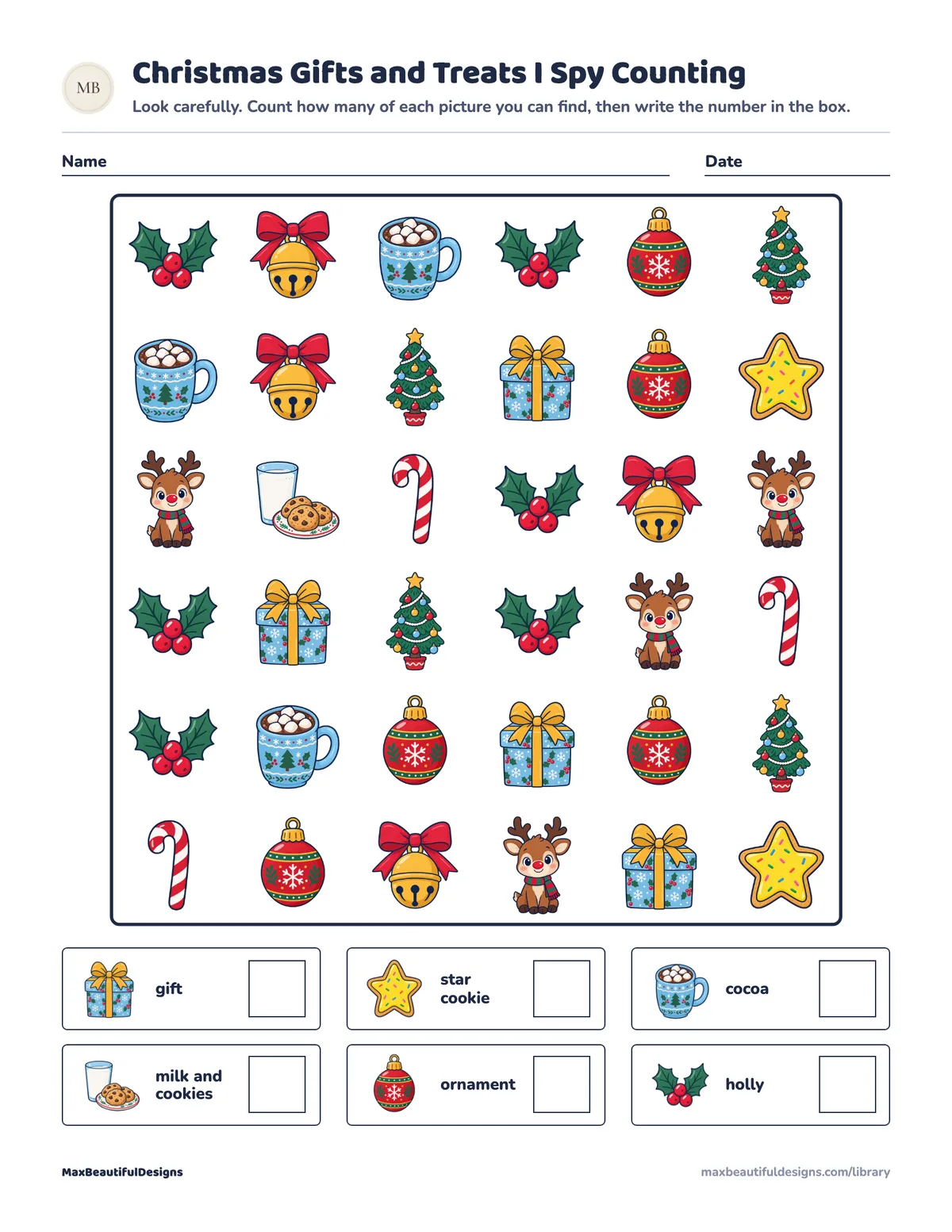 Preview of page 1 of Christmas Gifts and Treats I Spy Counting Printable