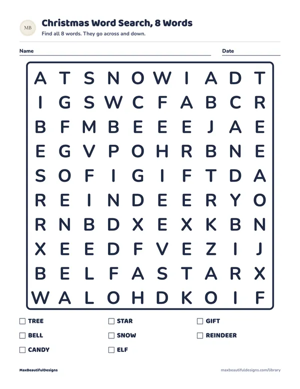 Christmas Word Search Printable for Kids, page 1 preview
