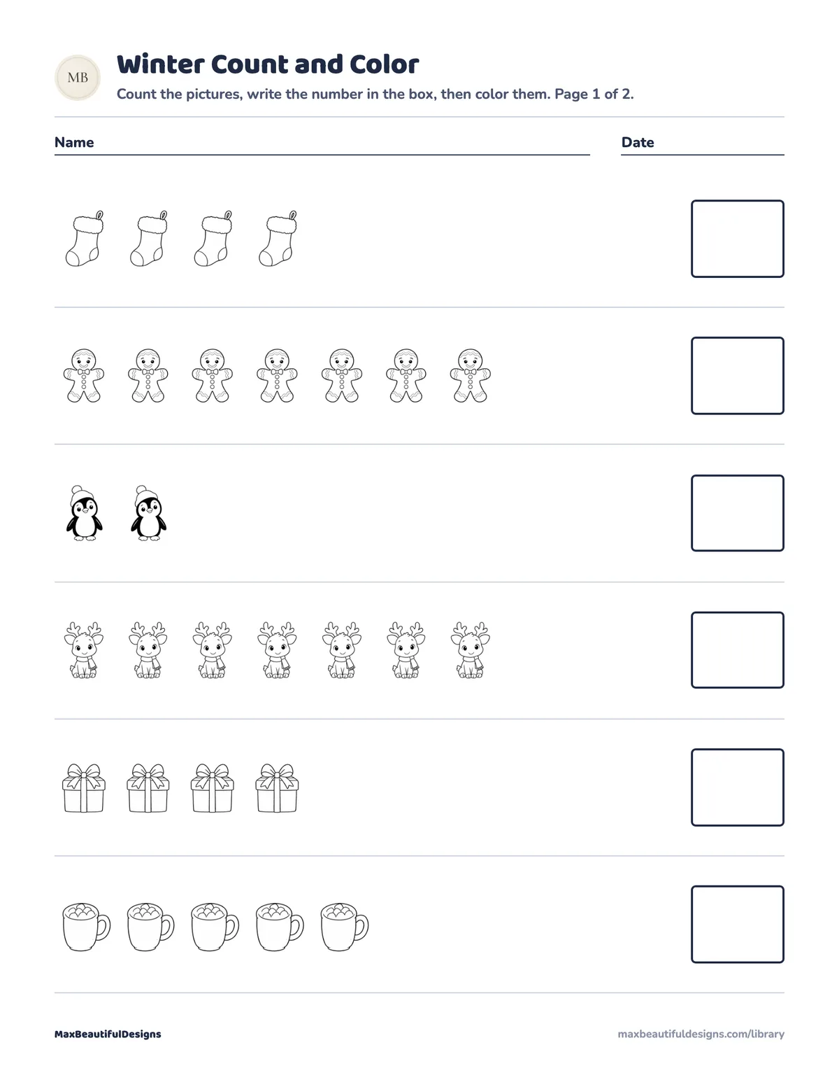 Preview of page 1 of Winter Count and Color Worksheet