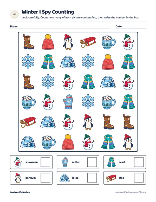 Winter I Spy Counting Printable, page 1 preview