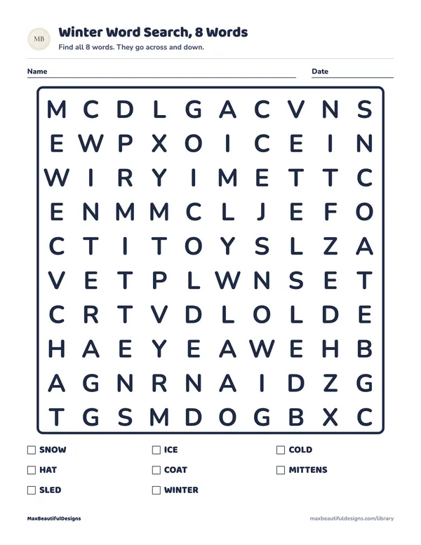 Winter Word Search Printable for Kids, page 1 preview