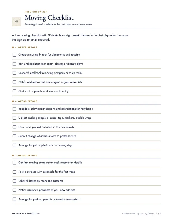 Moving Checklist Printable, page 1 preview