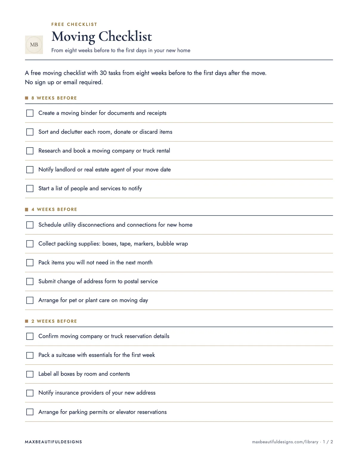 Preview of page 1 of Moving Checklist Printable