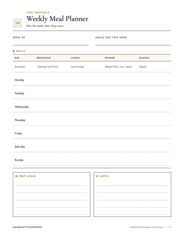 Weekly Meal Planner Printable, page 1 preview