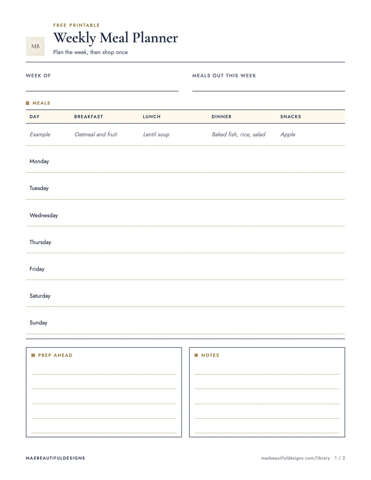 Preview of page 1 of Weekly Meal Planner Printable