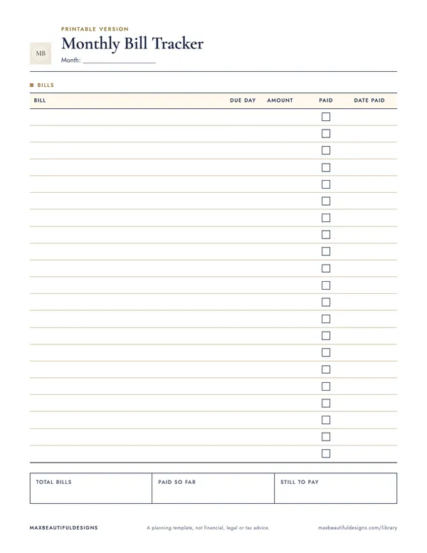 Bill Tracker Spreadsheet, page 1 preview