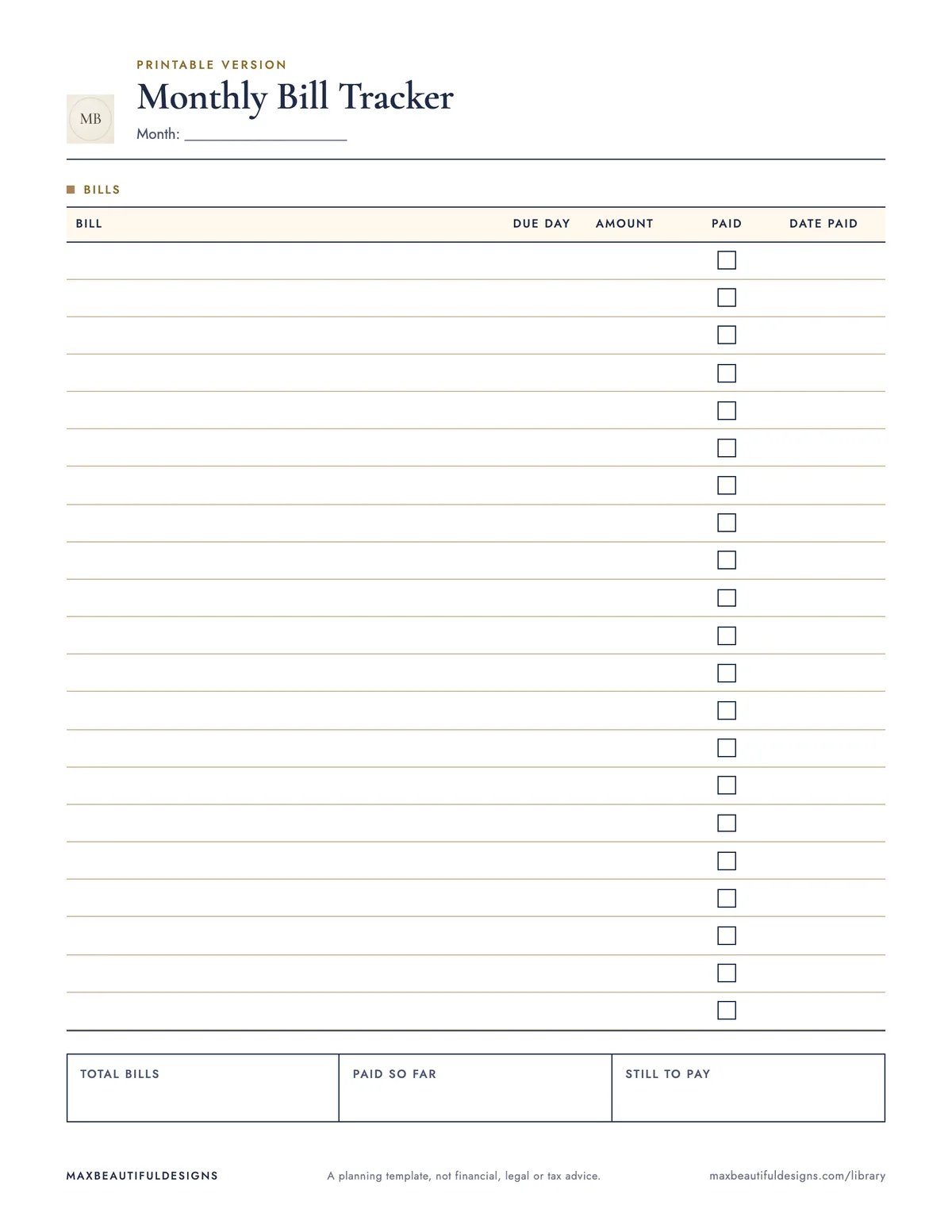 Preview of page 1 of the print version of Bill Tracker Spreadsheet