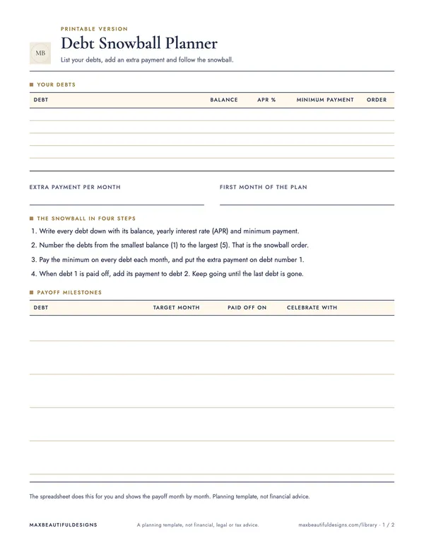 Debt Payoff Spreadsheet, page 1 preview