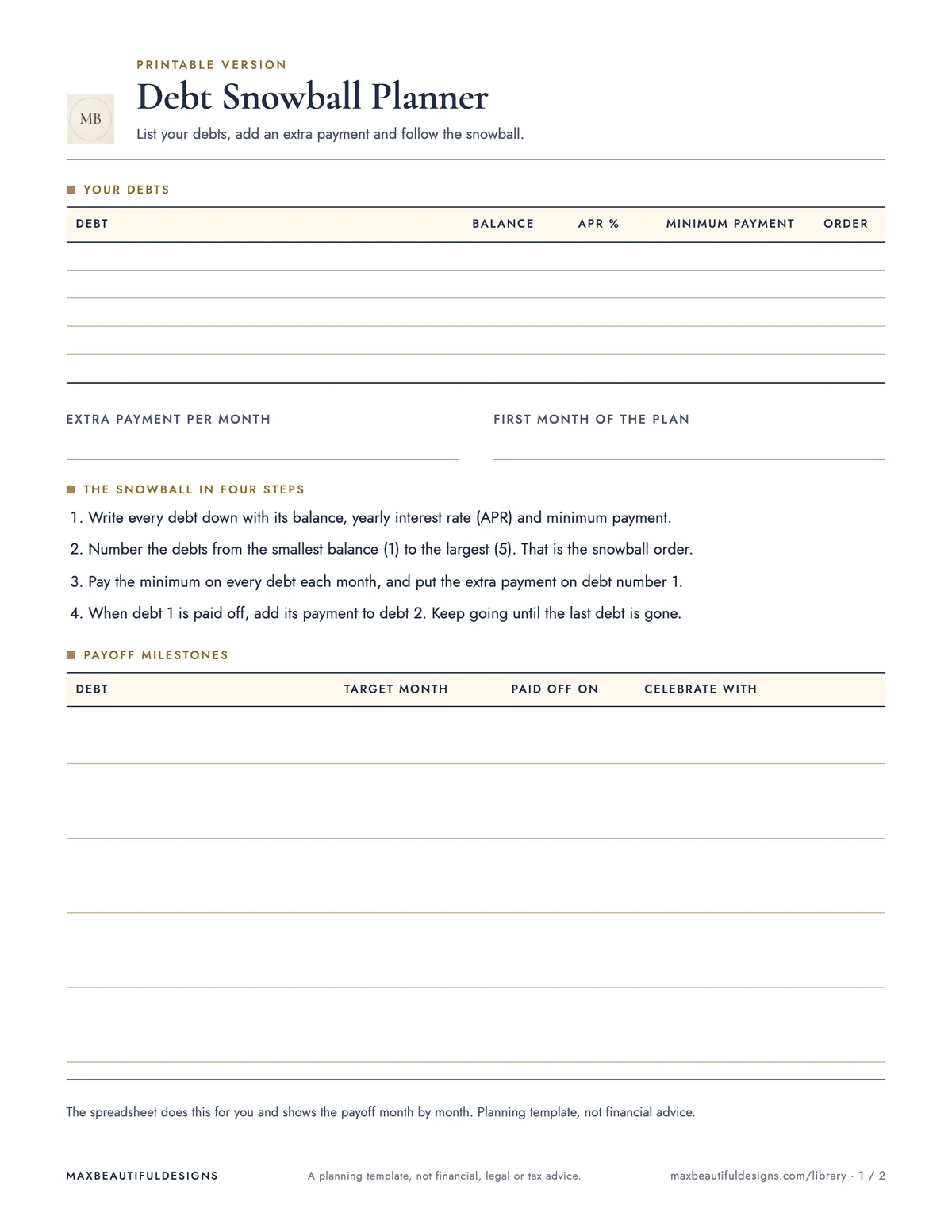 Preview of page 1 of the print version of Debt Payoff Spreadsheet