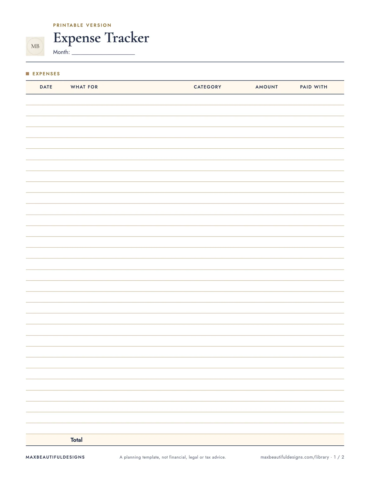 Preview of page 1 of the print version of Expense Tracker Spreadsheet