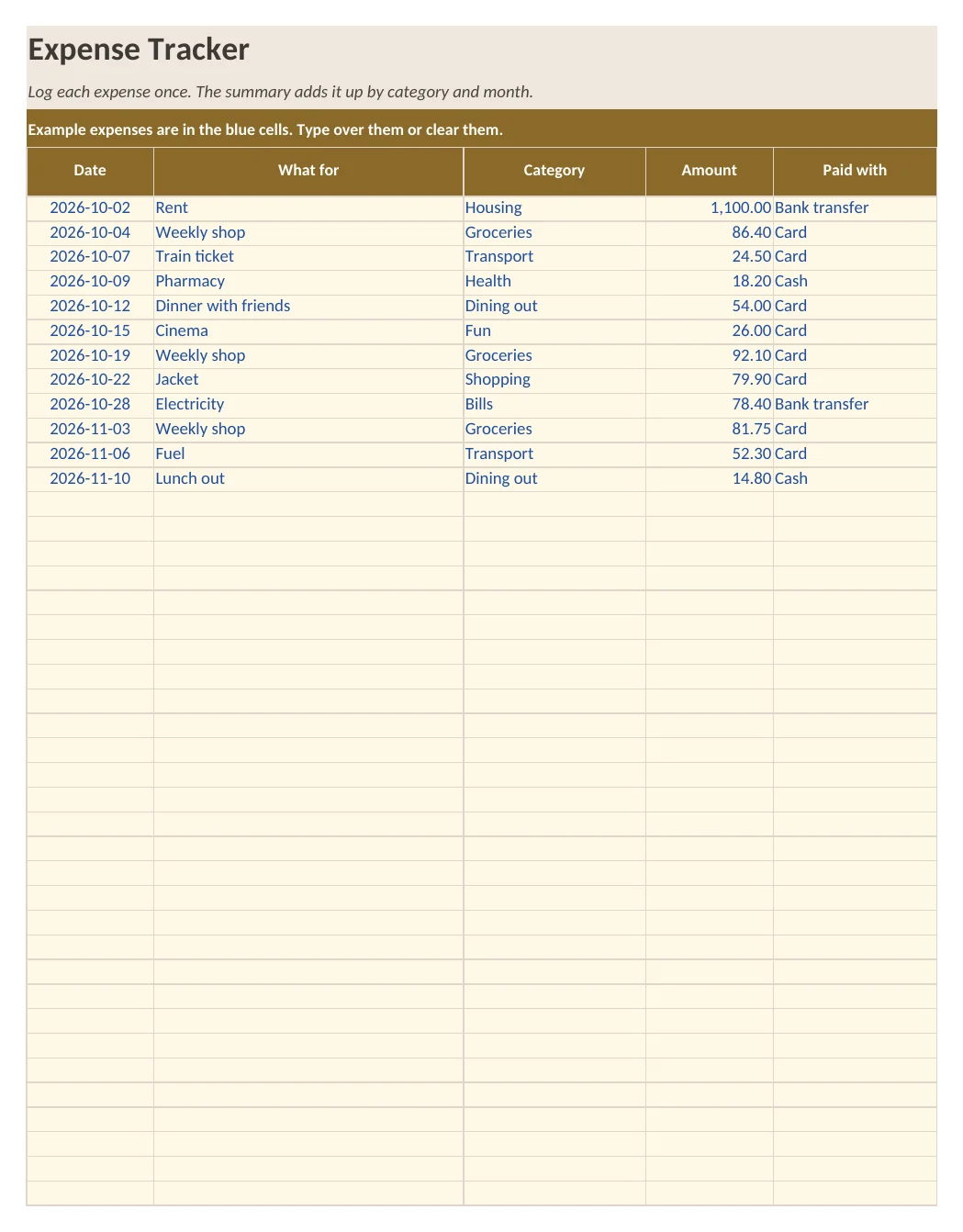 Screenshot of the Expense Tracker Spreadsheet workbook, first sheet