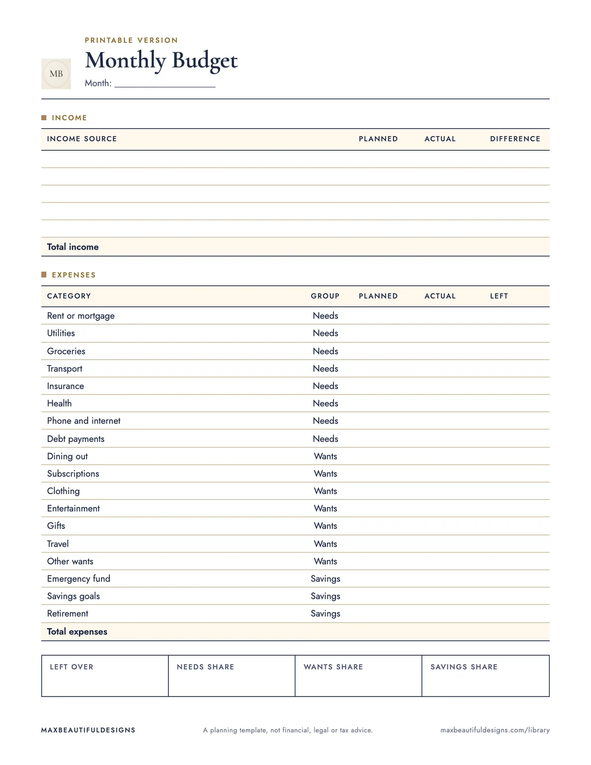 Preview of page 1 of the print version of Monthly Budget Spreadsheet