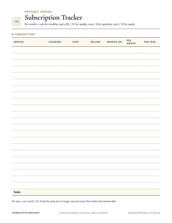 Subscription Tracker Spreadsheet, page 1 preview