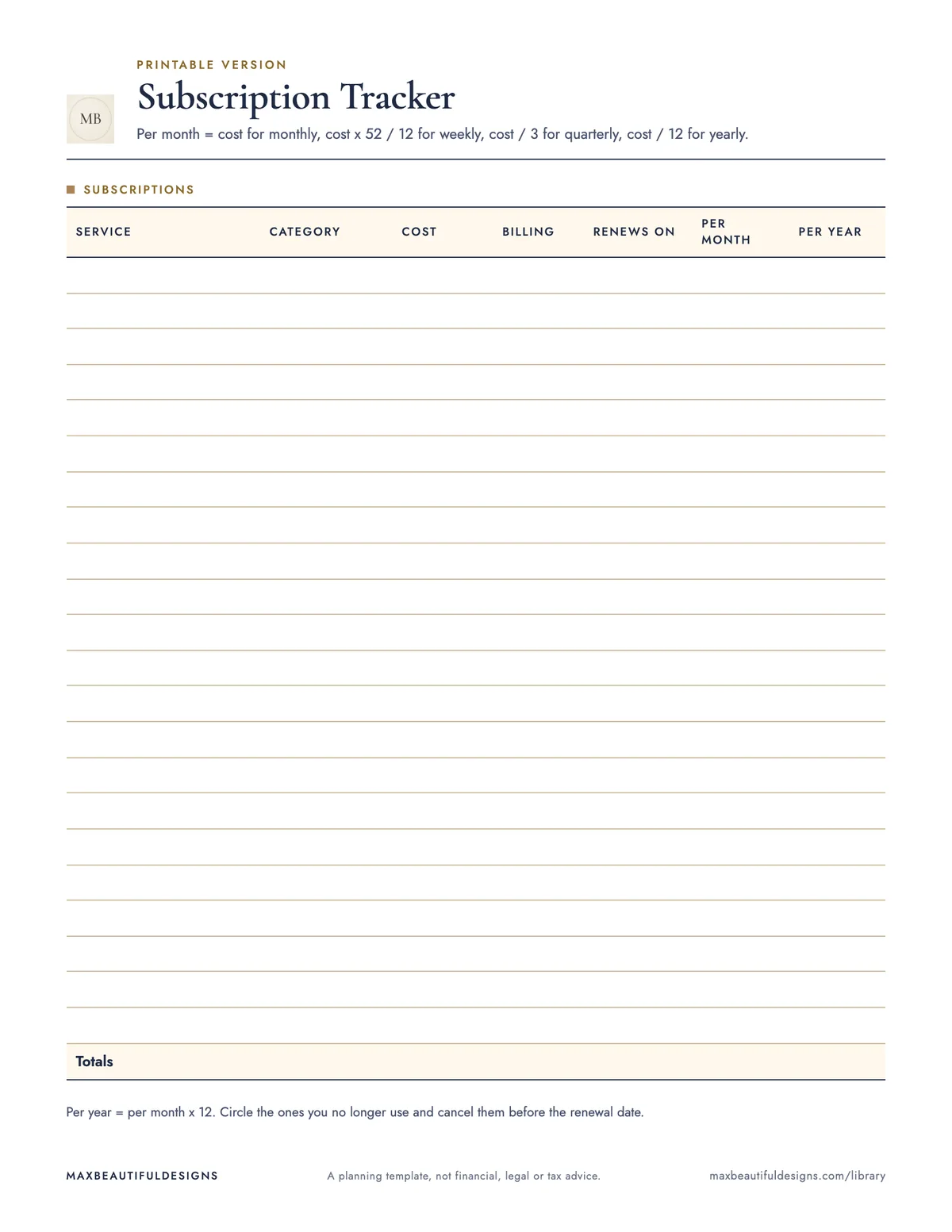 Preview of page 1 of the print version of Subscription Tracker Spreadsheet