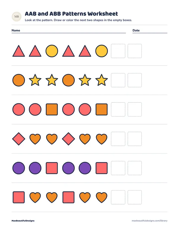 AAB and ABB Patterns Worksheet Printable, page 1 preview