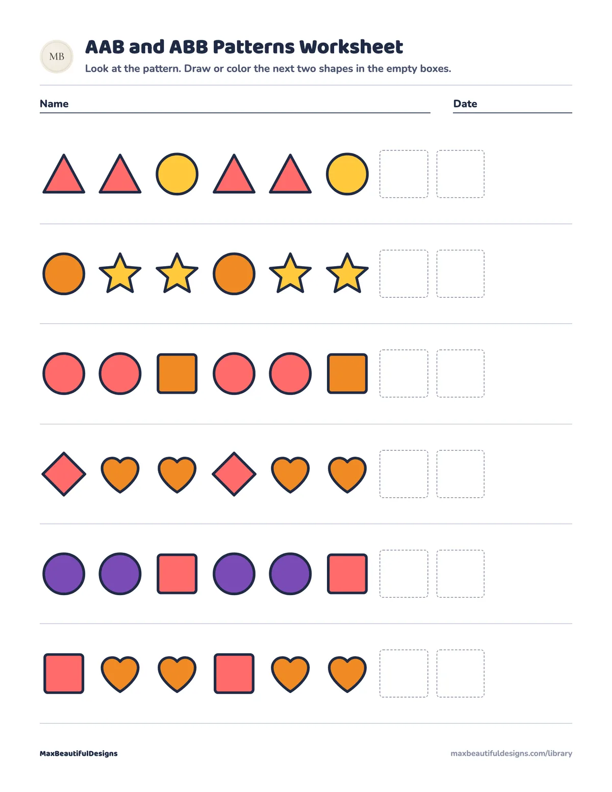 Preview of page 1 of AAB and ABB Patterns Worksheet Printable